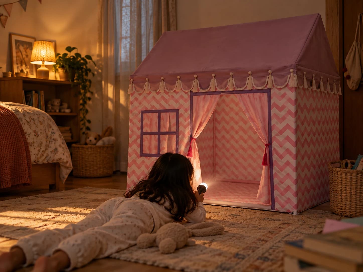 A child lying on the floor shines a torch into an empty hut tent.