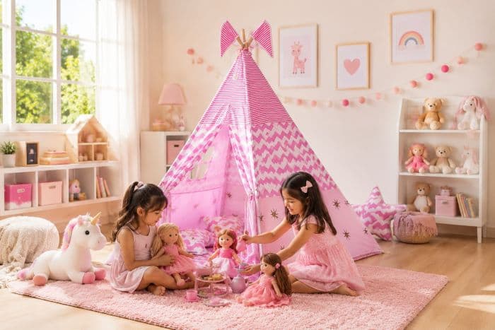 two girls happily playing in their pink teepee tent for girls