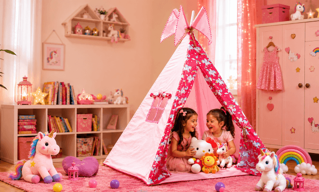 two girls playing in their foldable play tent
