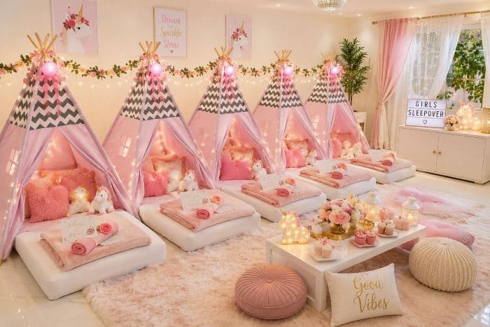 play tents set up for a kids glamping sleepover party