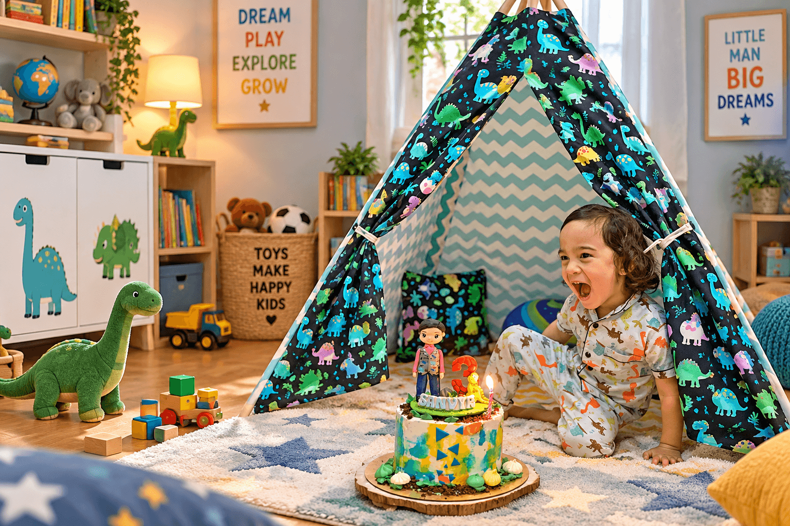A child laughing inside a dinosaur-print teepee tent, surrounded by toys and a birthday cake