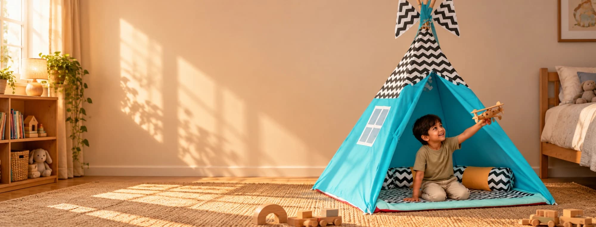 A boy kneels inside a turquoise and black chevron teepee, holding up a wooden toy plane.