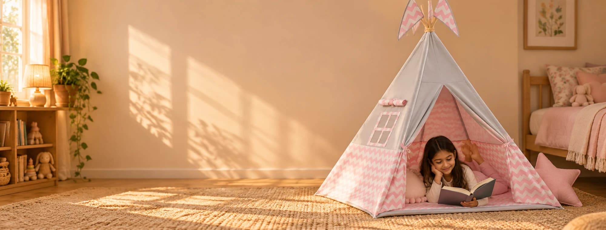 A girl lies inside a grey and pink chevron teepee, reading a book.