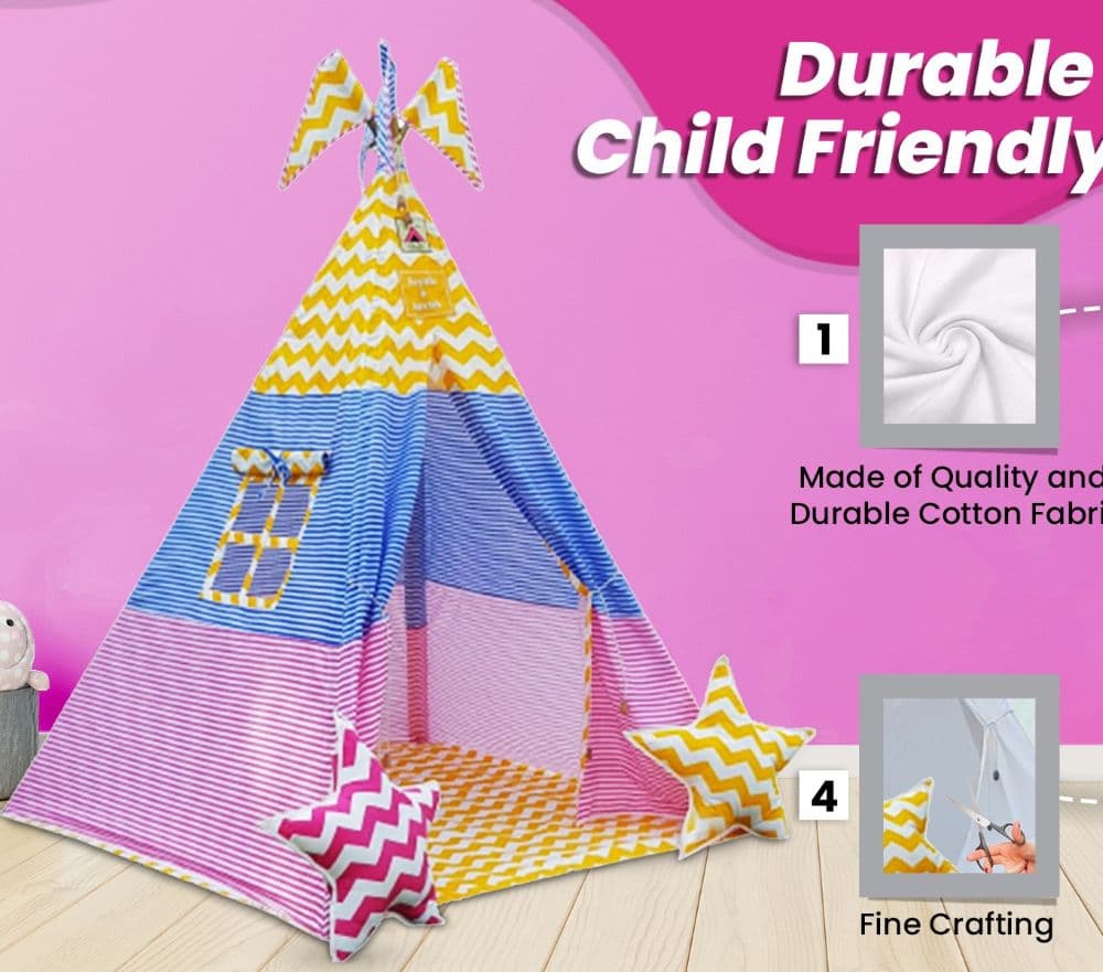A colorful play tent showing it's best features of the best play tents for kids
