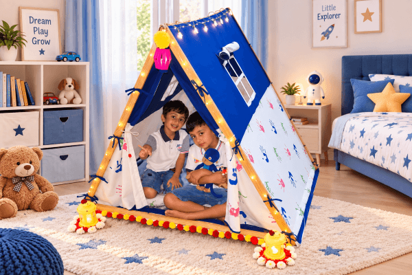 Diwali gifts for kids featuring two boys playing inside a bright blue and white kids tent